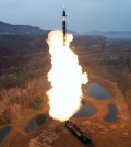 A missile is launched, as the state media reports North Korea test-fired a new mid- to long-range solid-fuel hypersonic missile, at an unknown location in North Korea, April 2, 2024, in this picture released on April 3, 2024, by the Korean Central News Agency. KCNA via REUTERS ATTENTION EDITORS - THIS IMAGE WAS PROVIDED BY A THIRD PARTY. REUTERS IS UNABLE TO INDEPENDENTLY VERIFY THIS IMAGE. NO THIRD PARTY SALES. SOUTH KOREA OUT. NO COMMERCIAL OR EDITORIAL SALES IN SOUTH KOREA.
