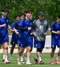 South Korean players train for the Asian Football Confederation U-23 Asian Cup at Transmitter Stadium in Doha on April, 11, 2024, in this photo provided by the Korea Football Association. (PHOTO NOT FOR SALE) (Yonhap)