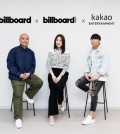 Billboard U.S. President Mike Van (L), Kim Yuna (C), the publisher and CEO of Billboard Korea, and Joseph Chang, co-CEO of Kakao Entertainment, are seen in this photo provided by the South Korean entertainment company. (PHOTO NOT FOR SALE) (Yonhap)