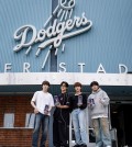 This image of Ateez members is captured from a social networking account of the Los Angeles Dodgers. (PHOTO NOT FOR SALE) (Yonhap)