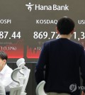 An electronic signboard at a Hana Bank in Seoul shows the benchmark Korea Composite Stock Price Index added 31.11 points, or 1.17 percent, to close at 2,687.44 on April 29, 2024. (Yonhap)