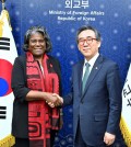 U.S. Ambassador to the United Nations Linda Thomas-Greenfield (L) shakes hands with Foreign Minister Cho Tae-yul ahead of their meeting at the foreign ministry in Seoul on April 15, 2024, as provided by Cho's office. (PHOTO NOT FOR SALE) (Yonhap)