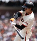 Apr 26, 2025; San Francisco, California, USA; San Francisco Giants center fielder Jung Hoo Lee (51) grounds into a fielder’s choice against the Texas Rangers during the third inning at Oracle Park. Mandatory Credit: D. Ross Cameron-Imagn Images