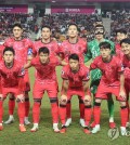 Members of the South Korean starting lineup pose for photos before taking on Jordan in their Group B match in the third round of the Asian World Cup qualification at Suwon World Cup Stadium in Suwon, Gyeonggi Province, on March 25, 2025. Top row (L to R): Hwang In-beom, Park Yong-woo, Cho Yu-min, Kwon Kyung-won, Jo Hyeon-woo and Son Heung-min. Bottom row (L to R): Lee Dong-gyeong, Lee Tae-seok, Hwang Hee-chan, Lee Jae-sung and Seol Young-woo. (Yonhap)